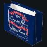 80th Birthday World’s Most Lovable 80-Year-Old Large Gift Bag<br><div class="desc">Celebrate the milestone birthday of your favorite senior citizen with this fun gift reminding them of how lovable they are. White lettering on Cardinal Red banners over Navy Blue background, with personalized name space adorned by curly cues. Customize with names, initials or other text. The background color is changeable--simply click...</div>