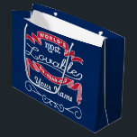 80th Birthday World’s Most Lovable 80-Year-Old Large Gift Bag<br><div class="desc">Celebrate the milestone birthday of your favorite senior citizen with this fun gift reminding them of how lovable they are. White lettering on Cardinal Red banners over Navy Blue background, with personalized name space adorned by curly cues. Customize with names, initials or other text. The background color is changeable--simply click...</div>
