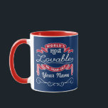 80th Birthday World’s Most Lovable 80-Year-Old Mug<br><div class="desc">Celebrate the milestone birthday of your favorite senior citizen with this fun gift reminding them of how lovable they are. White lettering on Cardinal Red banners over Navy Blue background, with personalized name space adorned by curly cues. Customize with names, initials or other text. The background color is changeable--simply click...</div>