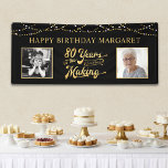 80th Birthday YEARS IN THE MAKING 2 Photos Banner<br><div class="desc">Celebrate an 80th birthday with this custom color banner sign featuring a retro gold calligraphy script typography title design stating 80 YEARS IN THE MAKING that incorporates his or her birth year as part of the design, 2 photos, string lights and your personalized custom message (the sample shows HAPPY BIRTHDAY...</div>