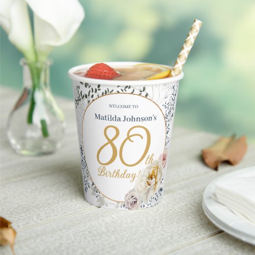 80th Birthday Yellow Floral Botanical Custom Photo Paper Cups