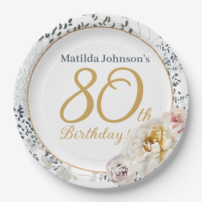 80th Birthday Yellow Floral Elegant Custom Photo Paper Plates (Front)