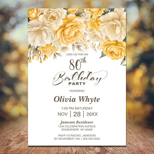 80th Birthday Yellow Rose Floral Party Invitation