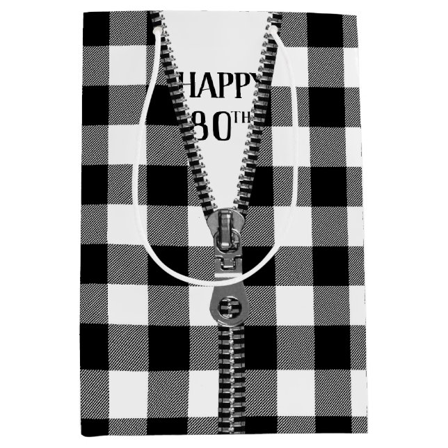 80th Birthday Zipper On Buffalo Plaid  Medium Gift Bag (Front)