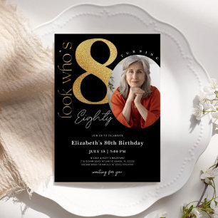 80th Black Gold Birthday Invitation with Photo