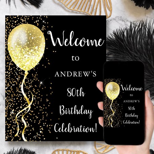 80th  Black  Gold Glitter Birthday Welcome Poster