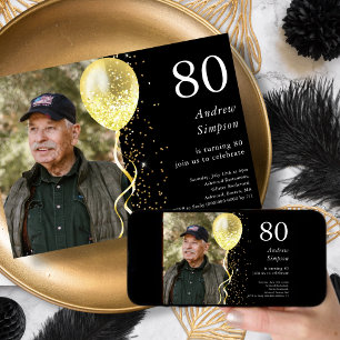 80th   Black & Gold Glitter Photo Birthday  Invitation