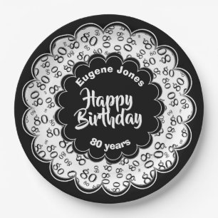 80th Black/White Random Number Pattern Paper Plates