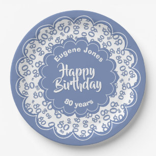 80th Blue/White Random Number Pattern Paper Plates