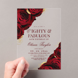 80th Burgundy Gold Red Roses Birthday  Acrylic Invitations