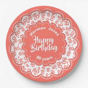80th Coral/White Random Number Pattern Paper Plates