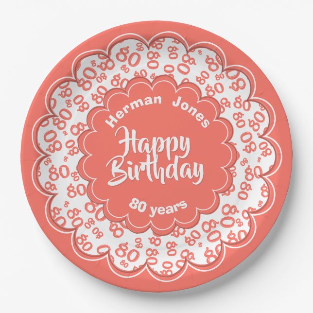 80th Coral/White Random Number Pattern Paper Plates (Front)