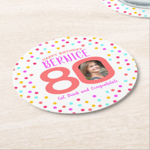 80th custom photo colorful coral confetti birthday round paper coaster