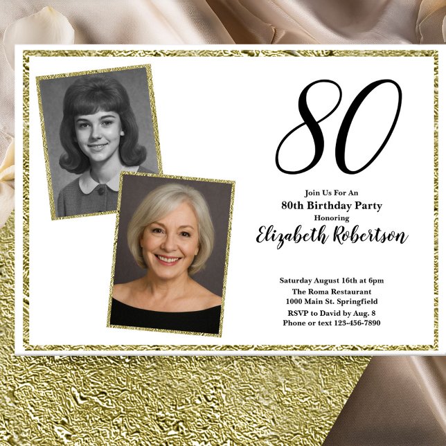 80th Custom Photo White and Gold  Invitation (Creator Uploaded)