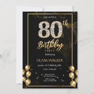 80th Diamond Black and Gold Birthday Invitation