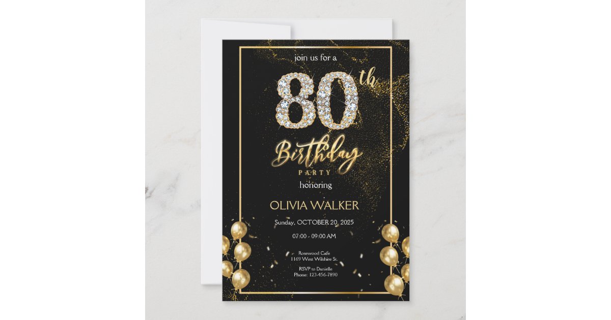 80th Diamond Black And Gold Birthday Invitation 