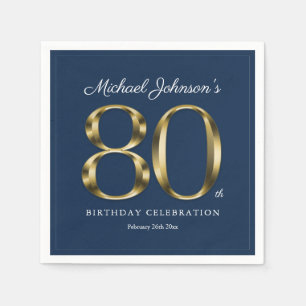 80th Eightieth Classic Solid Gold Text Navy Blue Napkins