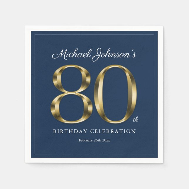 80th Eightieth Classic Solid Gold Text Navy Blue Napkins (Front)