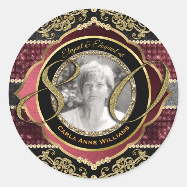 80th Eightieth Gold Ruby Diamonds Photo Frame Classic Round Sticker (Front)