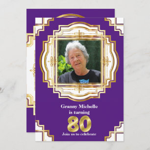 80th elegant gold purple white photo frame eighty invitation