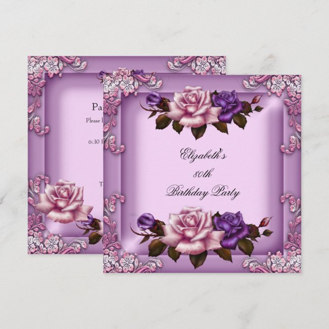 80th Elegant Lilac Pink Purple Roses Birthday Invitation (Front/Back)