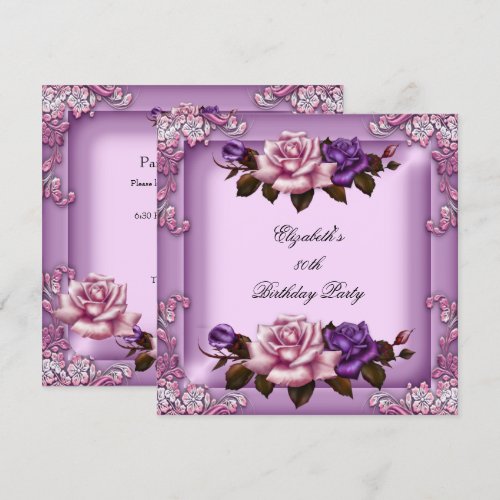 80th Elegant Lilac Pink Purple Roses Birthday Announcements