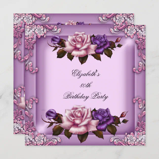 80th Elegant Lilac Pink Purple Roses Birthday Invitation | Zazzle