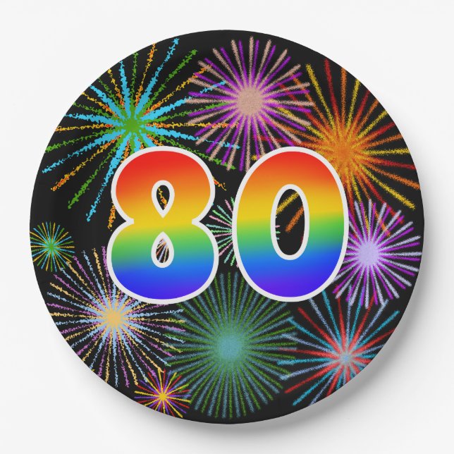80th Event - Fun, Colorful, Bold, Rainbow 80 Paper Plates (Front)