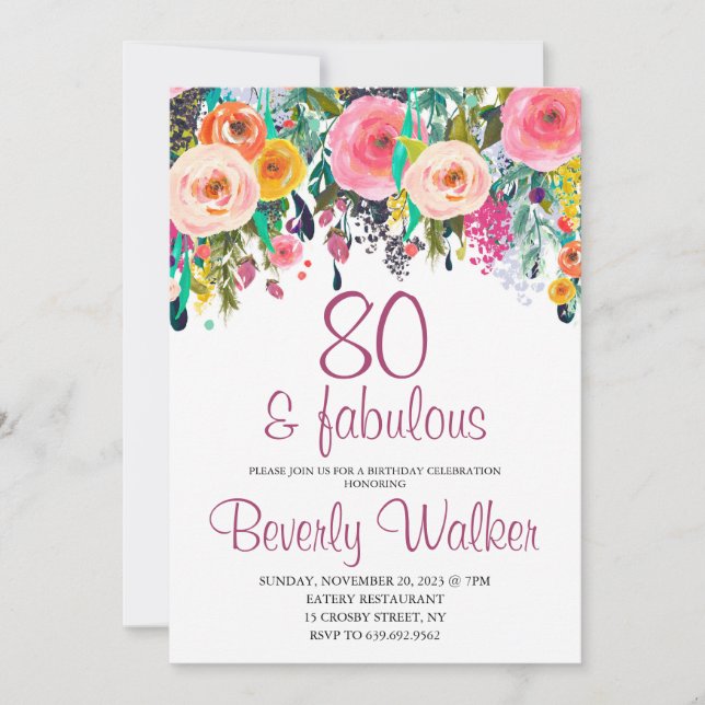 80th Fabulous Floral Watercolor Birthday Party Invitation (Front)