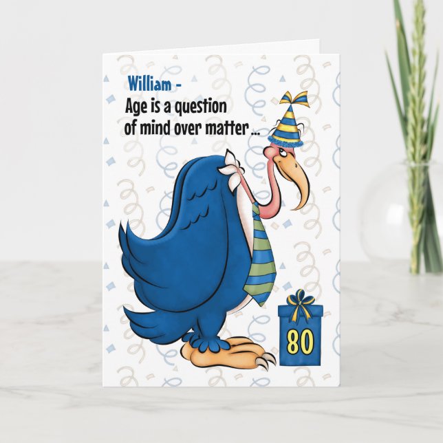80th Funny Birthday Blue Buzzard with Name Card (Front)