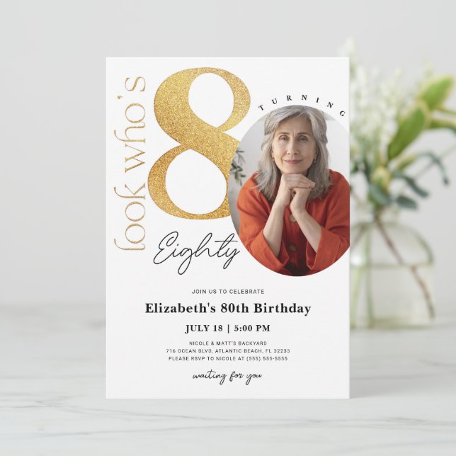80th Gold Birthday Invitation with Photo (Standing Front)