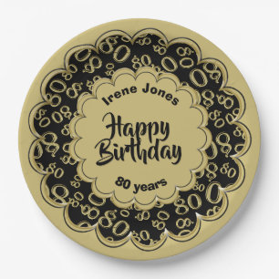 80th Gold/Black Random Number Pattern Paper Plates