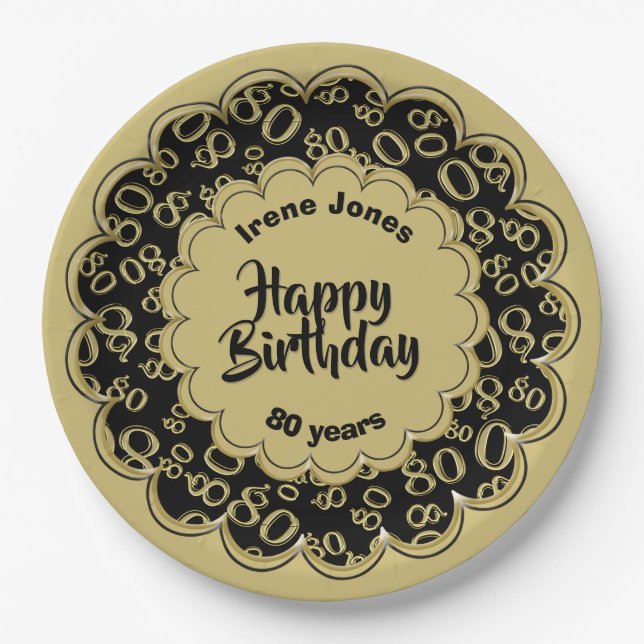80th Gold/Black Random Number Pattern Paper Plates (Front)
