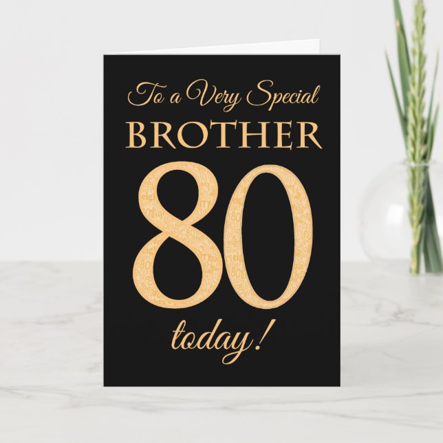 80th Gold-effect on Black, for Brother Birthday Card (Front)