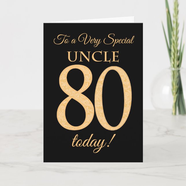80th Gold-effect on Black, for Uncle Birthday Card (Front)