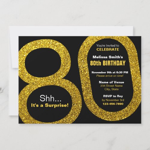 80th Gold Glitter Birthday Invitations