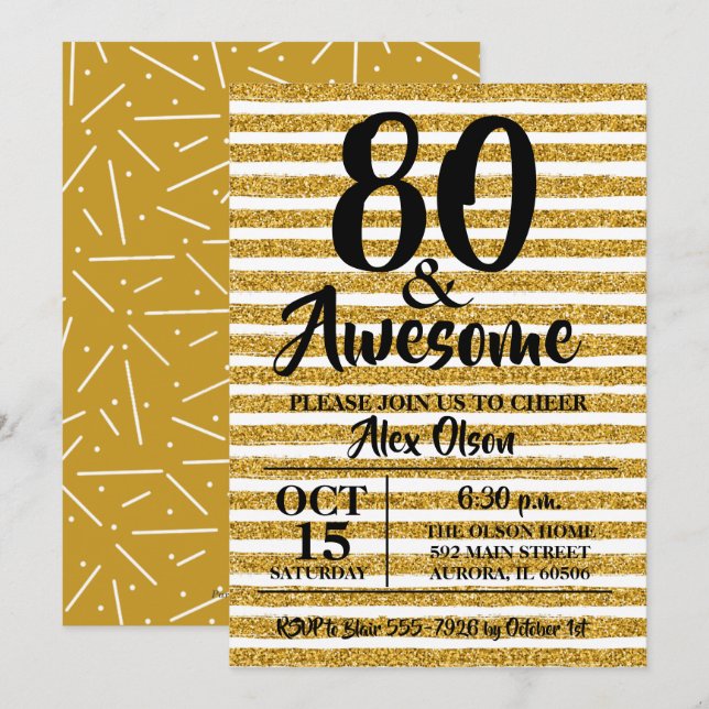 80th Gold Glitter Birthday Party Invitations (Front/Back)