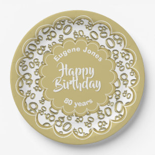 80th Gold/White Random Number Pattern Paper Plates