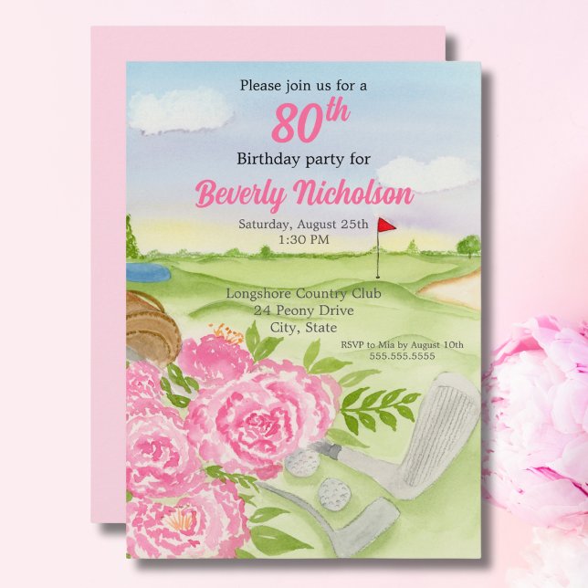 80th Golf Birthday Party Peonies On Golf Course Invitation (Creator Uploaded)