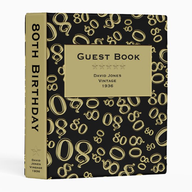 80th Guest Book Gold/Black Number Pattern Mini Binder (Front/Spine)