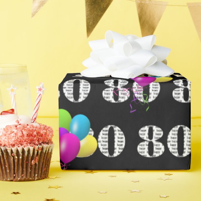 80th Happy Birthday Balloons On Black Wrapping Paper (Birthday Party)