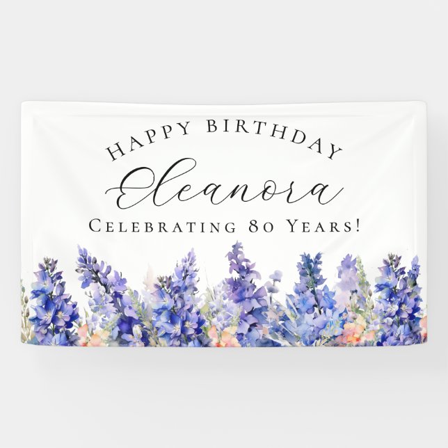 80th Happy Birthday Banner Blue July Birth Flower (Horizontal)