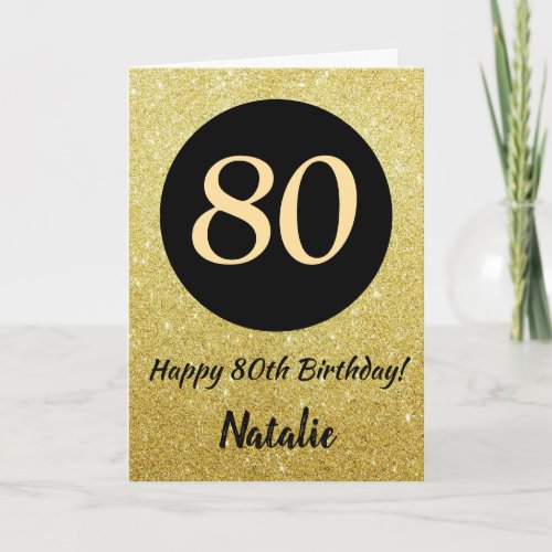 80th Happy Birthday Black and Gold Glitter Card