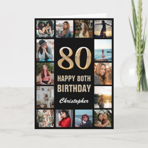 80th Happy Birthday Black and Gold Photo Collage Card