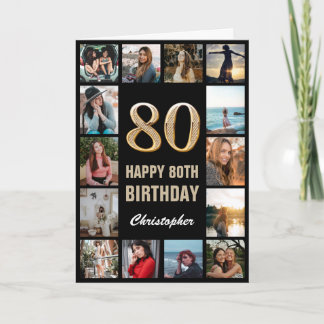 80th Happy Birthday Black and Gold Photo Collage Card