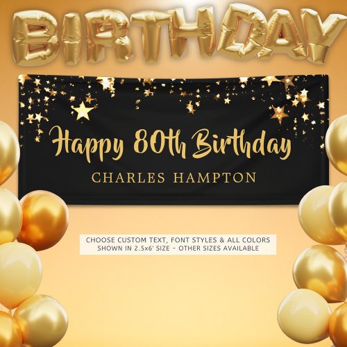 80th Happy Birthday Black Gold Stars or Your Text Banner
