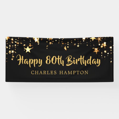 80th Happy Birthday Black Gold Stars or Your Text Banner