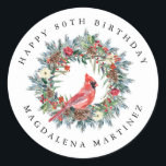 80th Happy Birthday Cardinal Wreath Custom Classic Round Sticker<br><div class="desc">Add a special touch to your envelopes or gift giving. A red cardinal is nestled in a traditional pine wreath decorated with berries,  pinecones and flowers. All text is editable.</div>