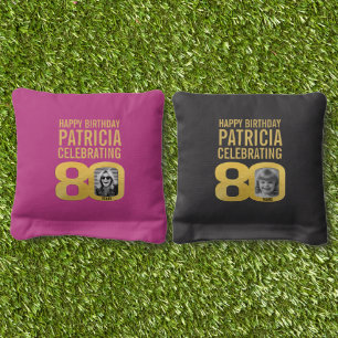 80th happy birthday gold black pink custom photo cornhole bags