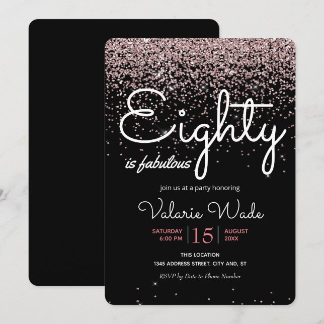 80th Is Fabulous Birthday Party Pink Glitter Invitation (Front/Back)
